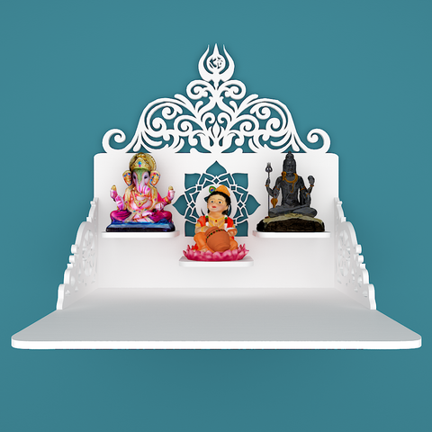 Beautiful Wall Hanging Wooden Temple/ Pooja Mandir Design with Shelf, White Color (DS019)