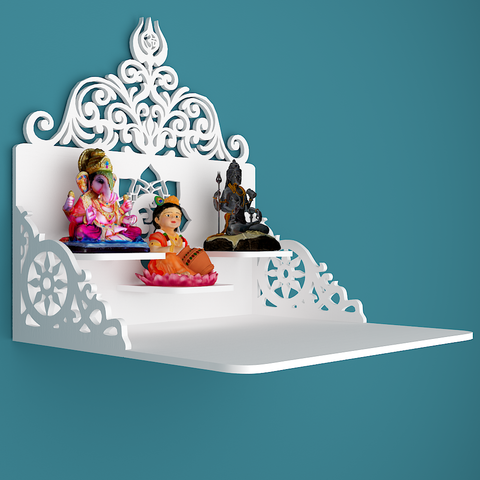 Beautiful Wall Hanging Wooden Temple/ Pooja Mandir Design with Shelf, White Color (DS019)