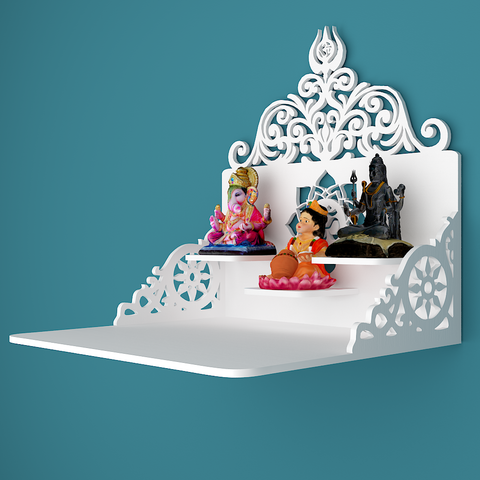 Beautiful Wall Hanging Wooden Temple/ Pooja Mandir Design with Shelf, White Color (DS019)