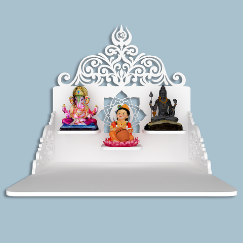 Beautiful Wall Hanging Wooden Temple/ Pooja Mandir Design with Shelf, White Color (DS019)