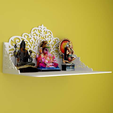 Beautiful Wall Hanging Wooden Temple/ Pooja Mandir Design with Shelf, White Color (DS022)