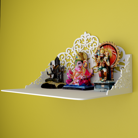 Beautiful Wall Hanging Wooden Temple/ Pooja Mandir Design with Shelf, White Color (DS022)