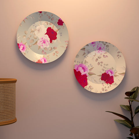 Woodhang Luxury Wall Plates With Beautiful Pink Flowers Pattern Design, Wall Hanging Plate set of 2