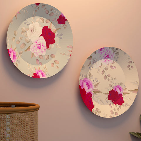 Woodhang Luxury Wall Plates With Beautiful Pink Flowers Pattern Design, Wall Hanging Plate set of 2