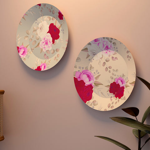 Woodhang Luxury Wall Plates With Beautiful Pink Flowers Pattern Design, Wall Hanging Plate set of 2