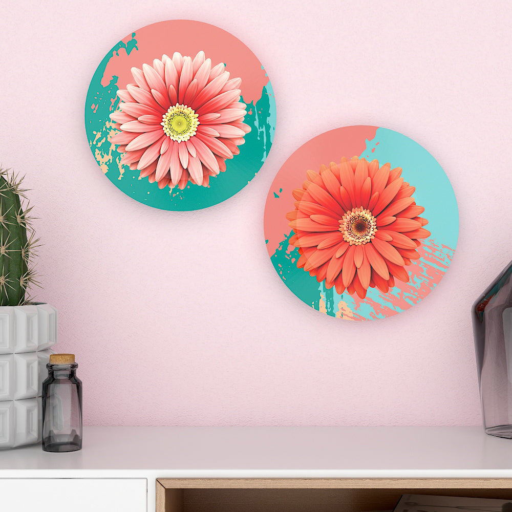 Woodhang Luxury Wall Plates With Daisy Flower Art Round Shape Ceramic Plate, Wall Hanging set of 2