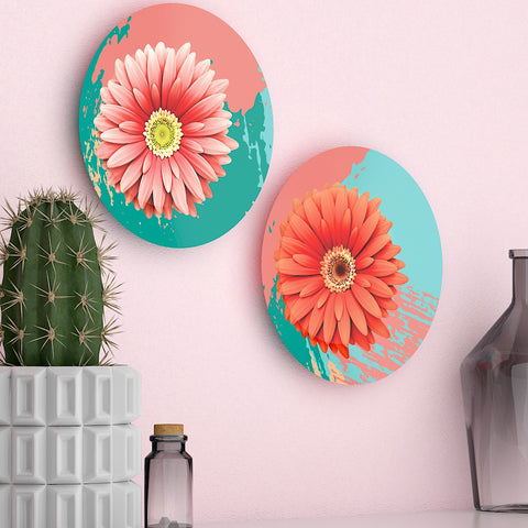 Woodhang Luxury Wall Plates With Daisy Flower Art Round Shape Ceramic Plate, Wall Hanging set of 2