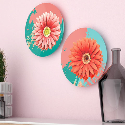 Woodhang Luxury Wall Plates With Daisy Flower Art Round Shape Ceramic Plate, Wall Hanging set of 2