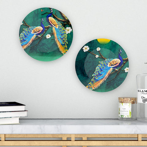 Woodhang Luxury Wall Plates With Peacock Shape Ceramic Plate, Wall Hanging set of 2