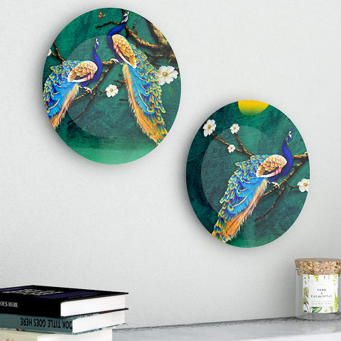 Woodhang Luxury Wall Plates With Peacock Shape Ceramic Plate, Wall Hanging set of 2