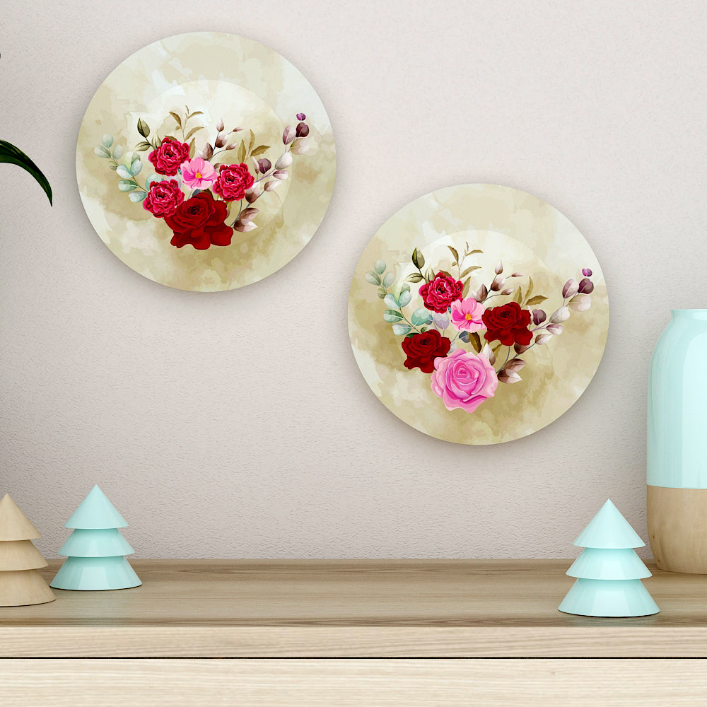 Woodhang Ceramic Wall Plates with Beautiful Flower Abstract Art  Wall Hanging Plate set of 2