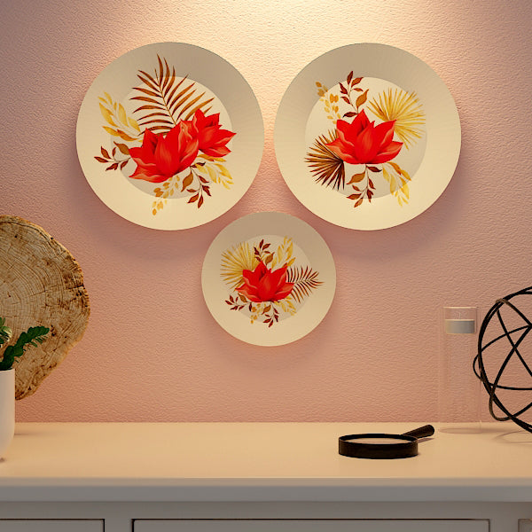 Woodhang Ceramic Wall Plates with Beautiful Flower With Leaf Art  Wall Hanging Plate set of 3