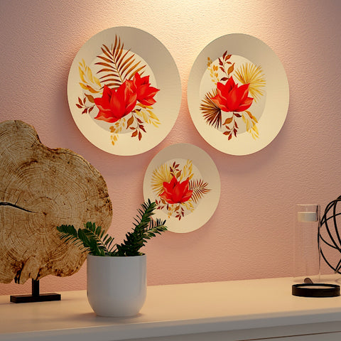 Woodhang Ceramic Wall Plates with Beautiful Flower With Leaf Art  Wall Hanging Plate set of 3