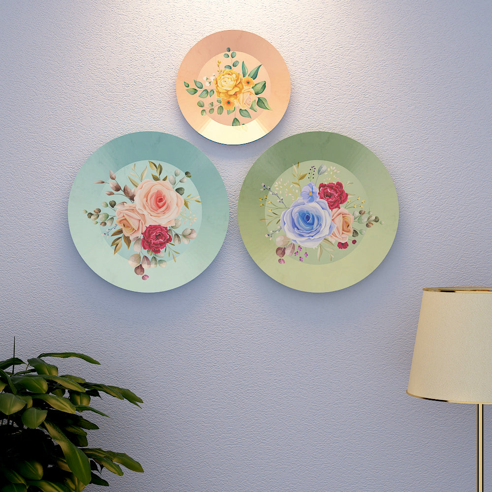 Woodhang Ceramic Wall Plates with Beautiful Flower With Leaf Art  Wall Hanging Plate set of 3