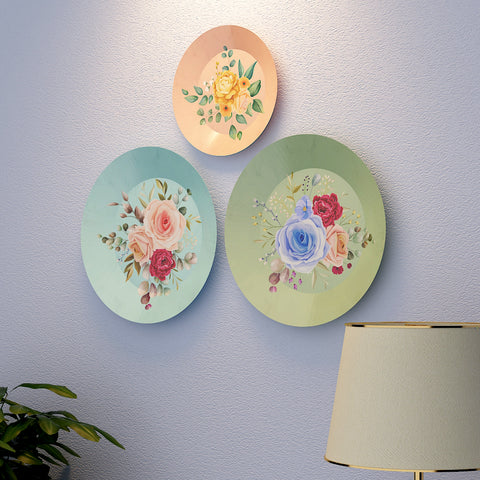 Woodhang Ceramic Wall Plates with Beautiful Flower With Leaf Art  Wall Hanging Plate set of 3