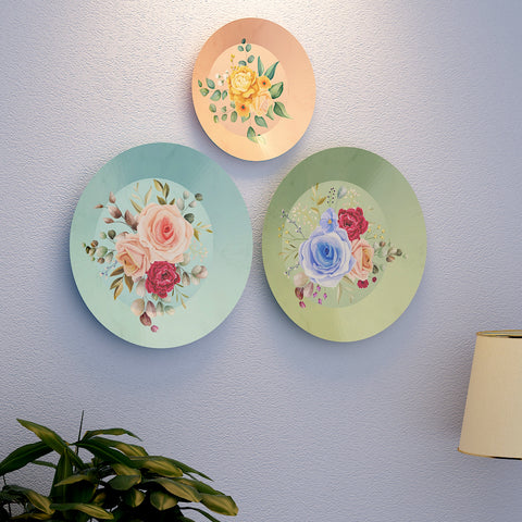 Woodhang Ceramic Wall Plates with Beautiful Flower With Leaf Art  Wall Hanging Plate set of 3