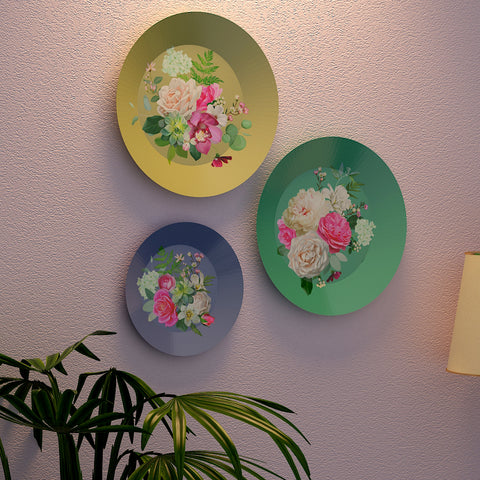 Woodhang Ceramic Wall Plates with Beautiful Flower Art  Wall Hanging Plate set of 3