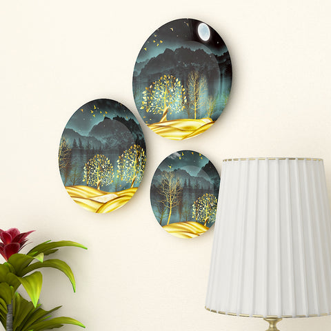 Woodhang Ceramic Wall Plates with Beautiful Tree Art  Wall Hanging Plate set of 3