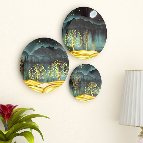 Woodhang Ceramic Wall Plates with Beautiful Tree Art  Wall Hanging Plate set of 3